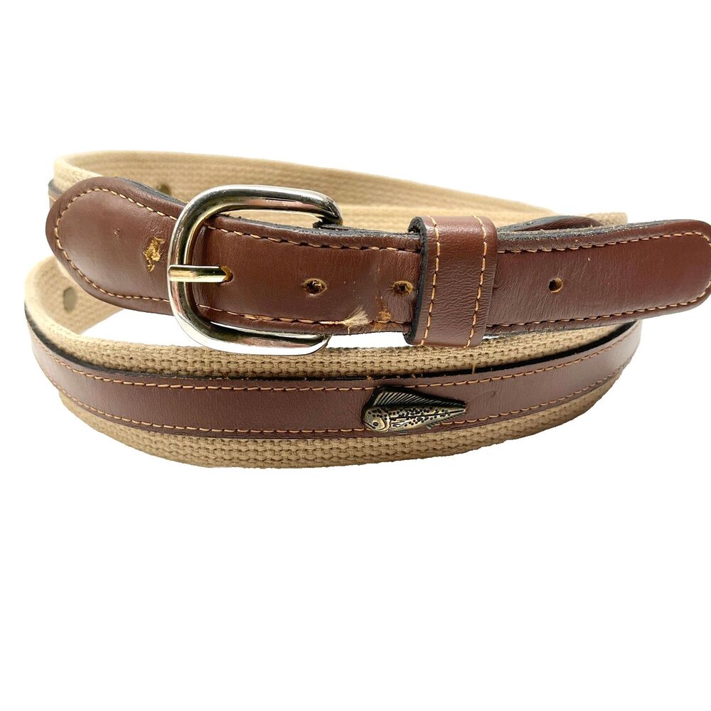 Vtg West Marine Mens Tan Brown Leather Belt Size 44 XL Dolphin Fish Nautical